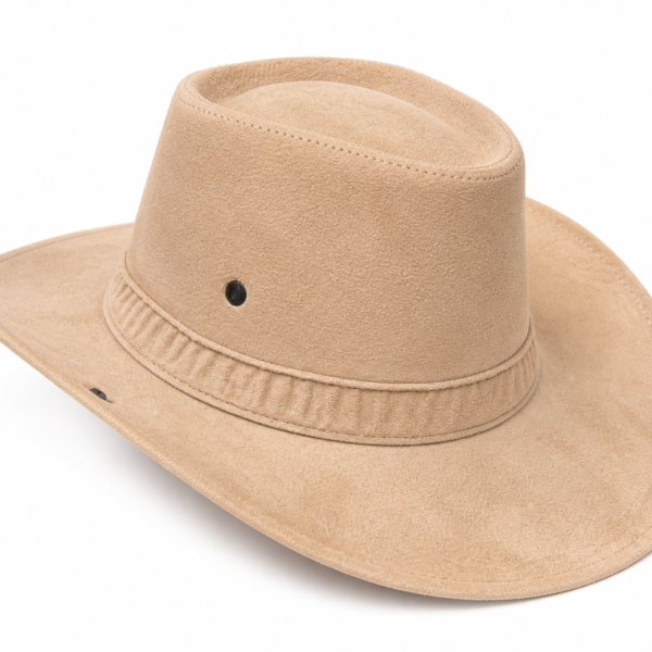 Detalhe da textura, da faixa e dos botões de pressão do chapéu cowboy adulto bege