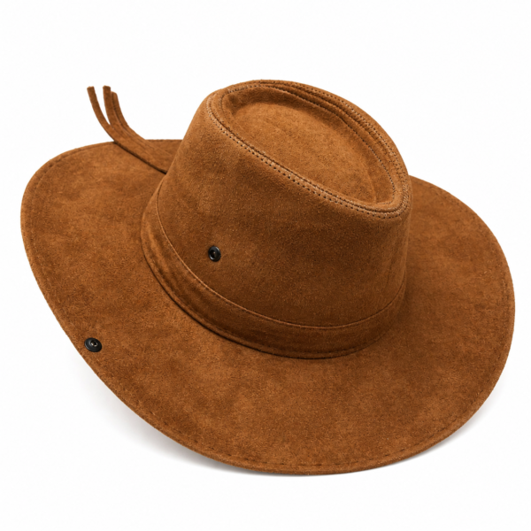 Chapéu cowboy adulto marrom caramelo de camurça com aba larga e botões de pressão