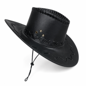 Chapéu cowboy preto de couro Semaan com três ilhós, costuras decorativas e cordão ajustável