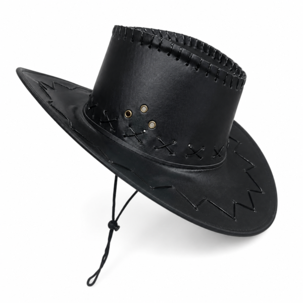 Chapéu cowboy preto de couro Semaan com três ilhós, costuras decorativas e cordão ajustável