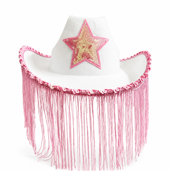 Chapéu cowgirl branco com estrela rosa e franjas longas