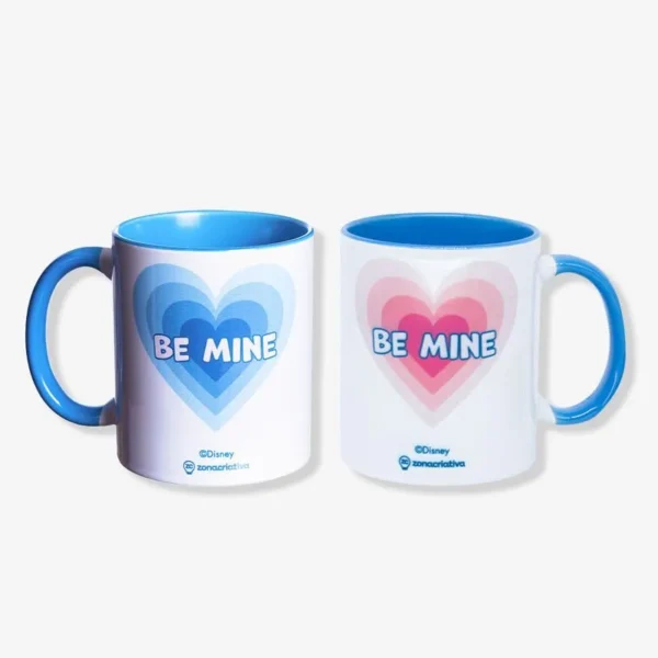 Verso das canecas Stitch e Angel com corações e frase Be Mine