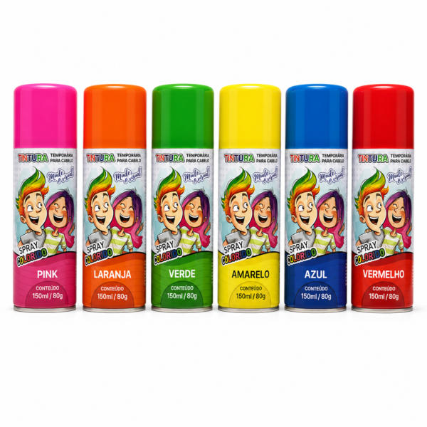 Tintura temporária para cabelo em spray nas cores pink, laranja, verde, amarelo, azul e vermelho